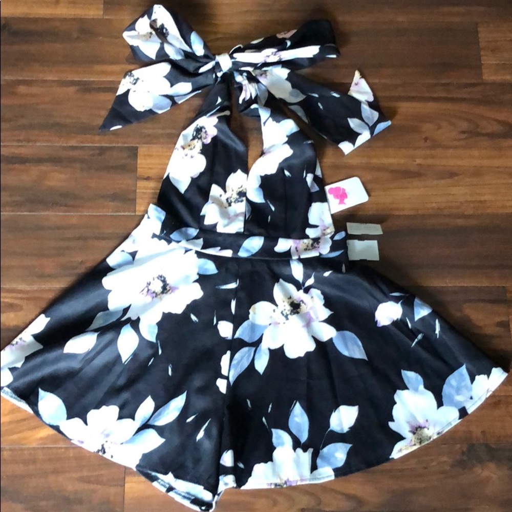 Floral halter open back romper